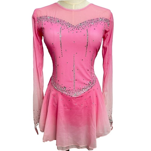 Eiskunstlaufkleid Damen Mädchen Eislaufen Kleider Dunkelgrau Violett Purpur Gitter Elasthan Hochelastisch Ausbildung Praxis Wettbewerb Eiskunstlaufkleidung Handgemacht Klassisch Kristalle Langarm Image