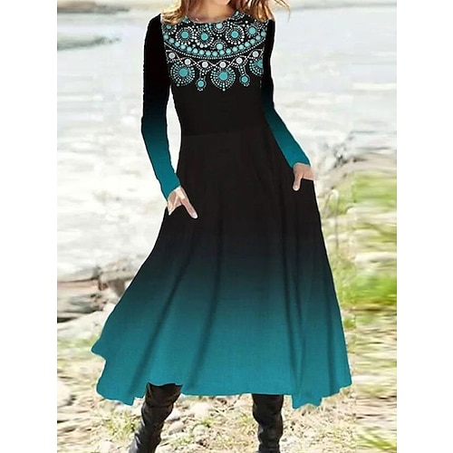 Frauen Midikleid A-Linien Kleid Lässiges Kleid Winterkleid Swing Kleid Mode Streetwear Reif Formal Outdoor Urlaub Regulär Passform Blumen Lange Ärmel Rundhalsausschnitt Schwarz Marineblau Königsblau Image