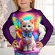 Kinder 3D-Druck Katze T-Shirt T-Shirt Langarm Katze Tierdruck Blau Weiß Rosa Kinder Tops Herbst Lässig Alltag Schule Normale Passform 4-12 Jahre