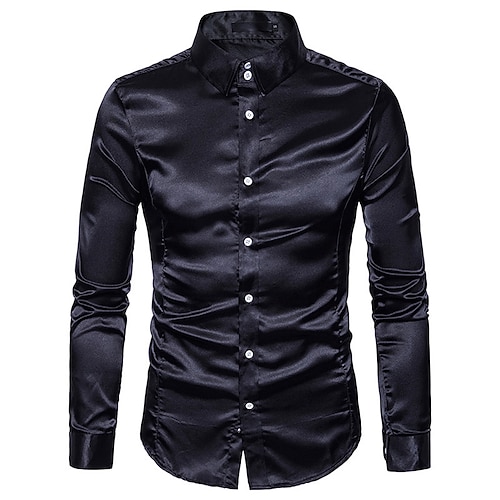 Herren Freizeithemd Kragenhemd Knopfhemd Satinhemd Hellgrau Schwarz Weiß Marineblau Langarm Geschäft / Zeremonie / Hochzeit Bekleidung Polyester Alltagstauglich Lässig Kostümparty Fleck Image