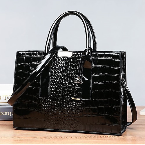 Schwarze Damenhandtasche aus Lackleder mit Krokoprägung und Schultergurt - elegante Bürotasche für formelle Anlässe