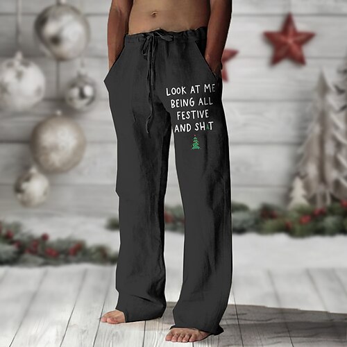 Weihnachten Herren Weihnachtsbaum Buchstabe Fröhliche Weihnachten Hosen Hose Mittlere Taille Vintage Urlaub Alltagskleidung Ausgehen Frühling Herbst Schwarz Weiß Grün Image