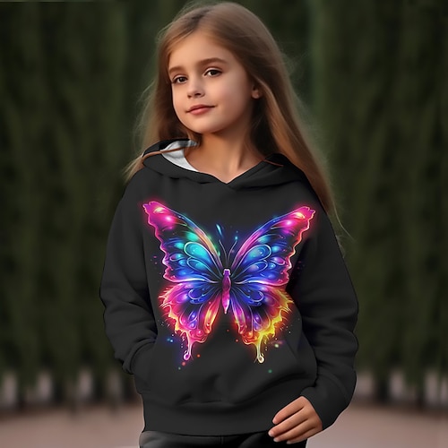 Mädchen 3D Schmetterling Kapuzenshirt Pullover Langarm 3D-Druck Herbst Winter Aktiv Modisch Kuschelig kinderkleidung 3-12 Jahre Outdoor Casual Täglich Regular Fit Image