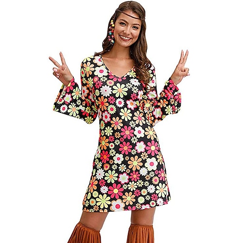 Hippie Retro Vintage 1970er Disko Kleid Damen Kostüm Jahrgang Cosplay Party Abend Langarm Kleid Maskerade Schlager Outfit Image