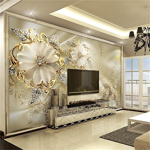 coole Tapeten Wandbild 3D goldene Blumentapete für Wände europäischen Luxus-Stil Diamantkleber erforderlich Leinwand für Wohnzimmer Hotel Hintergrund Wohnkultur Image