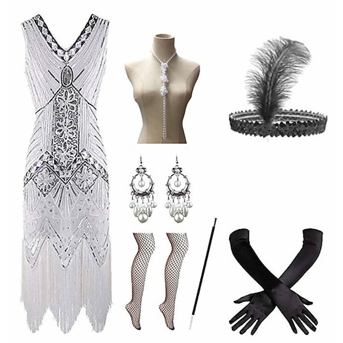 Goldene Zwanziger 1920er Knielang Kleid Flapper Kleid Outfits Ärmellos Der große Gatsby Charleston Übergrössen Quastenfransen Feder V Ausschnitt Kostüm Damen Karneval Neujahr Maskerade Image