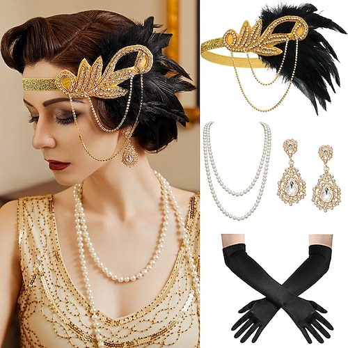 Retro Vintage Goldene Zwanziger 1920er Flapper-Stirnband Zubehörset Der große Gatsby Quastenfransen Feder Kostüm Damen Karneval Maskerade Party / Abend Junggesellinnenabschiedsparty Erwachsene Image