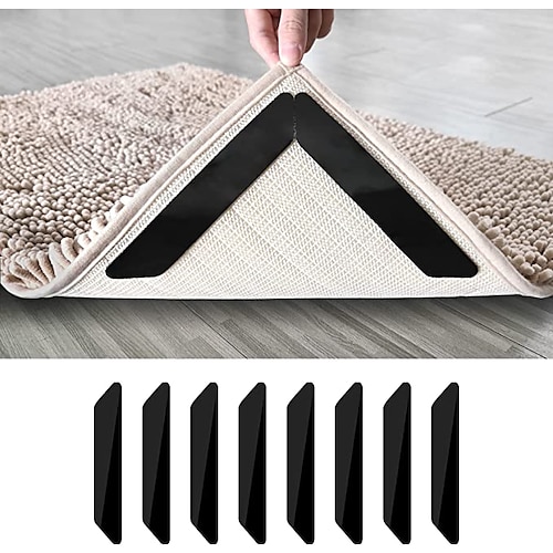 8 Stück Teppichband, wiederverwendbares, waschbares Teppichband, doppelseitige rutschfeste Teppichpads für Hartholzböden, Teppichstopper für Teppiche, schwarz Image