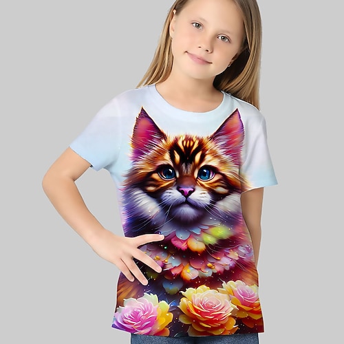 kinderkleidung Mädchen T-Shirt Graphic Outdoor 3D-Druck Kurzarm Rundhalsausschnitt Aktiv 7-13 Jahre Sommer Silber Schwarz Weiß Image