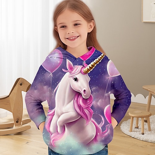 Mädchen 3D Einhorn Kapuzenshirt Pullover Langarm 3D-Druck Herbst Winter Aktiv Modisch Kuschelig kinderkleidung 3-12 Jahre Outdoor Casual Täglich Regular Fit Image