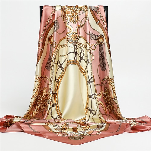 1 stücke 9090 cm mode kette druck schals frauen schal satin hijab weibliche bandana quadrat damen foulard verpackung pareo kopftuch Image