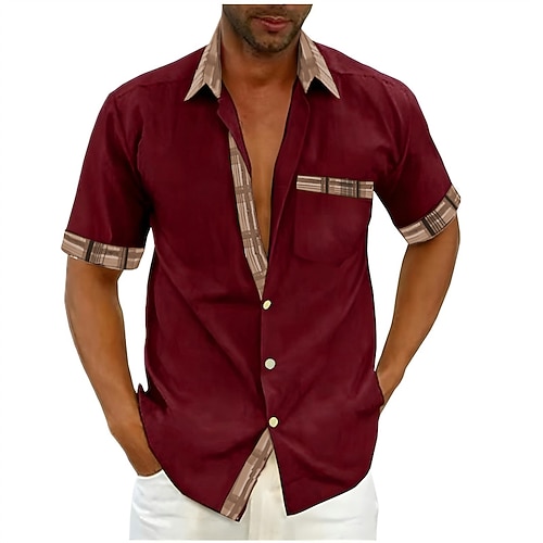 Herren Hemd Sommerhemd Knopfhemd Schwarz Weiß Rosa Rote Purpur Kurzarm Farbblock Plaid / Karomuster Umlegekragen Strasse Casual Button-Down Bekleidung Baumwolle Baumwollmischung Sport Modisch Image