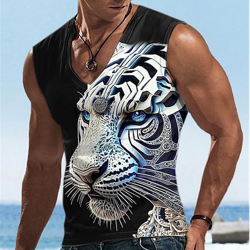 Herren Grafik Tiermotiv Tank Top Weste Ärmelloses T-Shirt für Herren Ärmellos T-Shirt 3D-Druck V Ausschnitt Hemd Designer Lässig Muskel Sport Laufen Fitnessstudio Schwarz Blau Dunkelblau Frühling Image