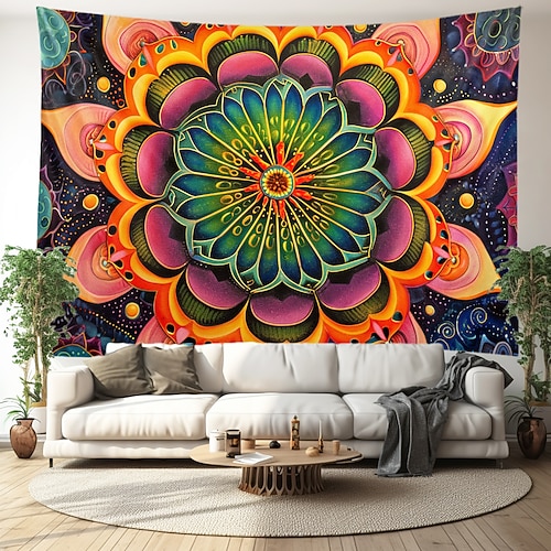 Buntes Mandala im Bohemian-Stil, zum Aufhängen, Wandteppich, Wandkunst, großer Wandteppich, Wanddekoration, Fotografie, Hintergrund, Decke, Vorhang, Zuhause, Schlafzimmer, Wohnzimmer, Dekoration Image