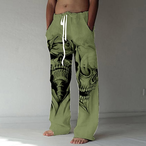 Herren Schädel Grafikdrucke Hose Freizeithose Baggy-Hosen Mittlere Taille Mode Große Größen Lässig Täglich Elastisches Kordelzugdesign Fronttasche Gerader Schnitt Frühling Sommer 3D-Druck Weiß Grün Image