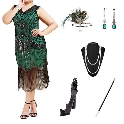 Goldene Zwanziger 1920er Midlänge Flapper Kleid Cocktailkleid Zubehörset Ärmellos Der große Gatsby Hochzeitsgast Pailletten Quastenfransen V Ausschnitt Kostüm Damen Maskerade Abschlussball Image