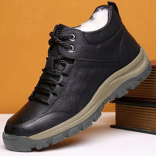 Herren Stiefel Schneestiefel Winterstiefel Komfort Schuhe Fleece-Futter Wandern Vintage Sport Klassisch Outdoor Täglich Leder Warm Stiefeletten / Stiefeletten Schnürsenkel Schwarz Braun Herbst Winter Image
