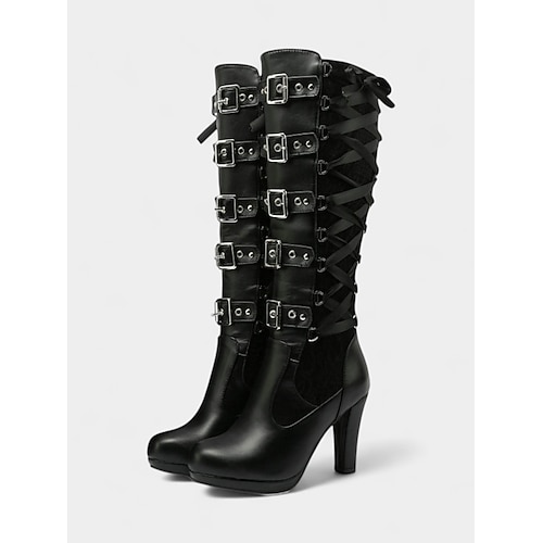 Kniehohe High Heels mit Schnürung für Damen im Gothic-Stil mit mehreren Schnallenriemen – schwarze Lederstiefel im Steampunk-Stil mit roten Spitzendetails, perfekt für Cosplay und Halloween Image