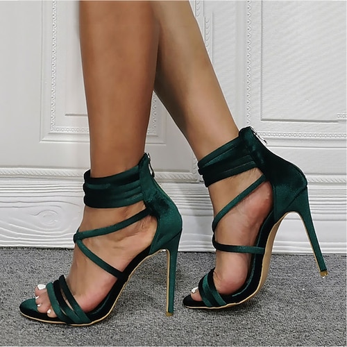 Grüne Satin-Sandalen mit Stilettoabsatz für Damen – Riemchen-High-Heels mit offenen Zehen für Partys, Hochzeiten und Abende Image