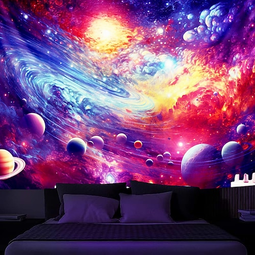 Schwarzlicht Wandteppich UV reaktiv im Dunkeln leuchtend Party Neon Universum Planet Psychedelisch Trippy Nebelig Hängender Wandteppich Wandbild für Wohnzimmer Schlafzimmer Image