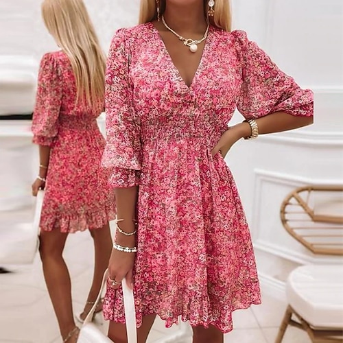 Damen Minikleid Freizeitkleid Blumenkleid Boho-Kleid Stilvoll Klassisch Modern Täglich Urlaub Date Normale Passform Blumen Druck Halbarm V Ausschnitt Blau Rosa Grün Sommer Frühling Image