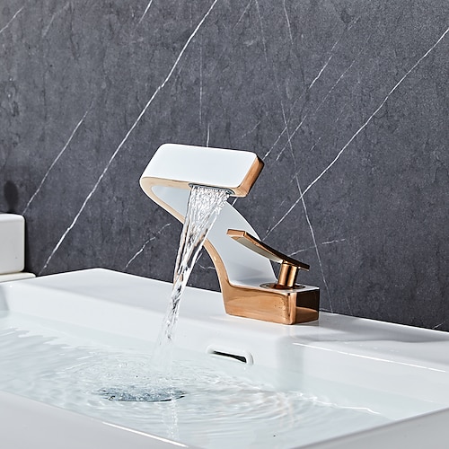 Waschbecken Wasserhahn Einhand-Einloch-Wasserfall-Mischbatterien Messing, 7-förmige Biegung Gefäßhahn Chrom Nickel gebürstet Schwarzgold Image