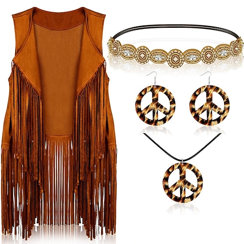 Hippie Retro Vintage 1960er 1970er Cosplay Kostüm Austattungen Zubehörset Wildlederweste Damen Kostüm Jahrgang Cosplay Party / Abend Maskerade Weste Karneval Schlager Outfit Image