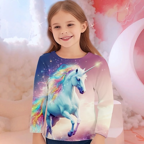 Mädchen 3D Einhorn T-Shirt Hemden Langarm 3D-Druck Herbst Winter Aktiv Modisch Kuschelig kinderkleidung 3-12 Jahre Rundhalsausschnitt Outdoor Casual Täglich Regular Fit Image