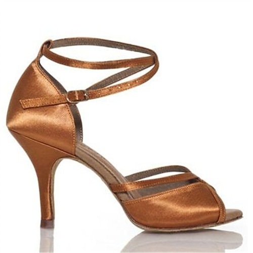 Schwarze Tanzschuhe aus Satin für Damen mit weicher Wildledersohle – elegantes offenes Design mit Fesselriemchen für lateinamerikanischen und Gesellschaftstanz Image