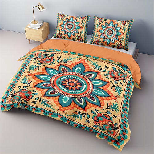 Bohemian-Mandala-Baumwoll-Bettwäsche-Set, leicht und weich, 2/3-teiliges Set, geeignet für Erwachsene und Kinder, Baumwoll-Bettwäsche-Set, King-Size-Bett, Bettbezug Image