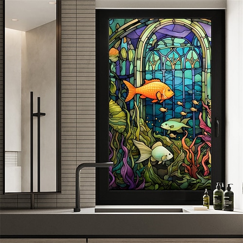 Buntglasfensterfolie, farbenfrohe Fensteraufkleber, elektrostatische, entfernbare Buntglas-Sichtschutzfolie, dekorative Buntglasfolie für das Homeoffice Image