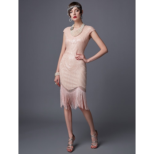 Goldene Zwanziger 1920er Knielang Kleid Flapper Kleid Cocktailkleid Cap-Ärmel Der große Gatsby Charleston Hochzeitsgast Pailletten Quastenfransen Einfarbig Rundausschnitt Kostüm Damen Abschlussball Image