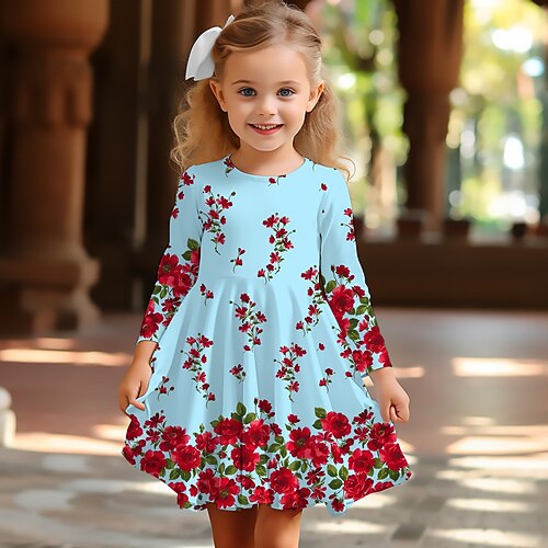 Ostern Mädchen' 3D Blumen Graphic Kleid Langarm 3D-Druck Sommer Frühling Herbst Urlaub Sport Natur Täglich Kuschelig Brautkleider schlicht Schön kinderkleidung 3-12 Jahre Casual kleid A Linie Kleid Image