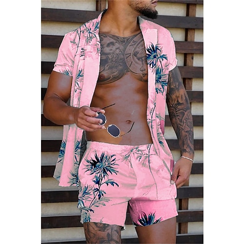 Herren Kokospalme Tropische Pflanzen 2St Hemden-Sets Sommer Hawaiihemd Kurzarm Kurze Hosen Umlegekragen Tropisch Mode Hawaiianisch Straße Lässig Ferien Druck Sommer Frühling Gelb Rosa Blau Image