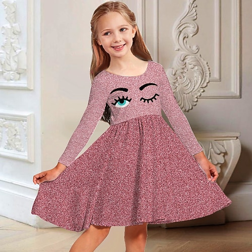 Mädchen' 3D Graphic Kleid Langarm 3D-Druck Frühling Herbst Urlaub Täglich Festtage Kuschelig Brautkleider schlicht Süß kinderkleidung 3-10 Jahre Schaukelkleid A Linie Kleid Übers Knie Regular Fit Image
