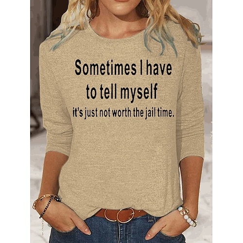 Frauen T-Shirt Langarm Buchstaben Verhalten Mode Langarm Rundhals Regelmäßige Oberteile Täglicher Wochenend Druck Schwarz Blau Khaki Frühling Herbst Frühling Herbst Winter Vorherbst Image