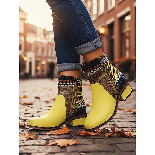 Boho Chic Damen Stiefeletten mit buntem Patchwork und Reißverschluss – Schnürboots im Vintage Style für Herbst und Winter Image