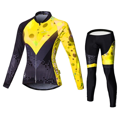 Damen Radtrikot mit Hose Langarm Mountainbike MTB Straßenradsport Herbst Winter Gelb Rot Blau Gemustert Klassisch Britisch Übergröße Fahhrad Fleece-Futter 3D-Polster Schnelltrocknend Image