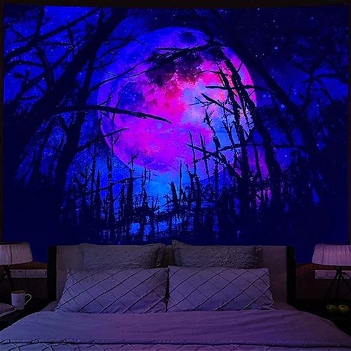 Schwarzlicht Wandteppich UV reaktiv im Dunkeln leuchtend Party Neon Landschaft psychedelisch trippig neblig hängender Wandteppich Wandbild für Wohnzimmer Schlafzimmer Image