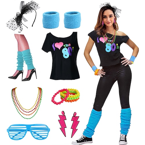 Retro Vintage Disko 1980er Outfits Zubehör Schulterfreies T-Shirt Ich liebe die 80er Kostüm Damen Maskerade Party / Abend Pride Parade Pride-Monat Erwachsene Kostüm Image