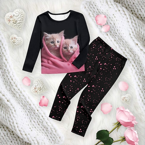 Mädchen 3D Katze Pyjama-Sets Rosa Langarm 3D-Druck Herbst Winter Aktiv Modisch Kuschelig kinderkleidung 3-12 Jahre Rundhalsausschnitt Heim Normal Innen Regular Fit Image