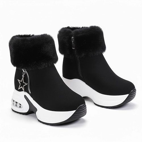 Damen Stiefel Übergrössen Winterstiefel Täglich Feste Farbe Innenfutter aus Fleece Stiefeletten Stiefeletten Reißverschluss Keilabsatz Runde Zehe Komfort Kunst-Veloursleder Reißverschluss Schwarz Image