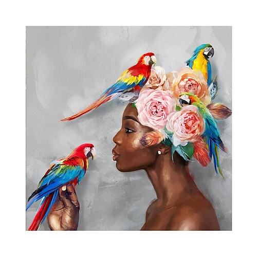 Großes handgemachtes afrikanisches Frauengemälde, handgemaltes Ölgemälde, Wandkunst, nordischer Papagei, afrikanische Frau, Leinwand, abstrakte Malerei, Wandkunst, Bilder, Heimdekoration, gerollte Image