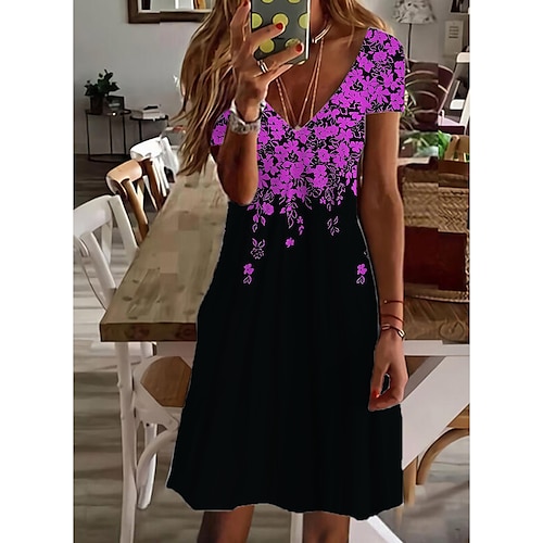 Damen Mini Kleid Petite Kleid T-Shirt Kleid Tee Kleid Sommerkleid A-Linien Kleid Süß Outdoor Urlaub Geburtstag Regular Fit Floral Kurzarm V-Ausschnitt Schwarz Weiß Pink Wein Sommer Image