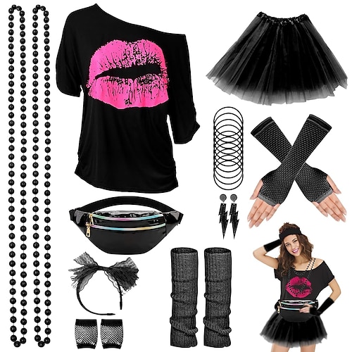 80er-Jahre-Kostümzubehör für Damen, 1980er-Jahre-T-Shirt, Tutu, Gürteltasche, Stirnband, Ohrring, Halskette, Netzhandschuhe, Beinstulpen Schlager Outfit Image
