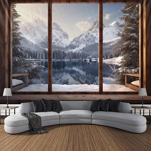 Fenster Schnee Berg hängende Wandteppich Kunst große Wandteppich Wanddekor Foto Hintergrund Decke Vorhang Zuhause Schlafzimmer Wohnzimmer Dekoration Wandtuch XXL Natur Image
