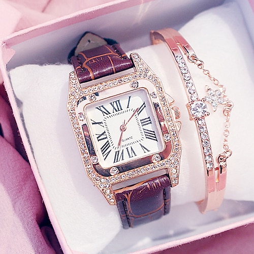 Quarz-Uhren Valentinstagsgeschenk für Frauen Damen Analog Diamant Uhr Sternenhimmel quadratisches Zifferblatt Armbandset Damen Lederband Armbanduhr Damen Uhr