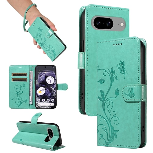 Handy Hülle Handyhüllen Für Google Pixel 8 Pro Pixel 7 Pixel 6 Brieftasche Kartenetui Geprägt Ganzkörperschutz mit Handschlaufe Baum Schmetterling TPU PU-Leder Image