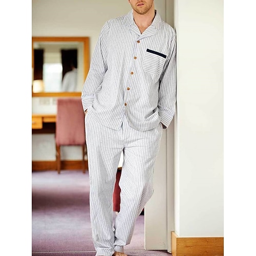 Herren Hausanzug Schlafanzüge Schlafanzug Set Pyjama-Oberteil und Hose 2 Stück Plaid Streifen Stilvoll Brautkleider schlicht Komfort Heim Täglich Baumwolle Komfort Kargen Langarm Hemd Hose Kordelzug Image