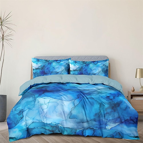 Bettbezug-Set mit blauem Farbverlauf und Muster, Bettdecken-Set, weiches 3-teiliges Luxus-Baumwoll-Bettwäsche-Set, Heimdekoration, Geschenk, King-Size-Bett, Queen-Size-Bett, dreiteiliges Set Image